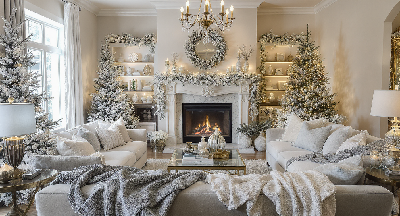 A living room with winter decor, a decorated fireplace, and a cozy sectional sofa.