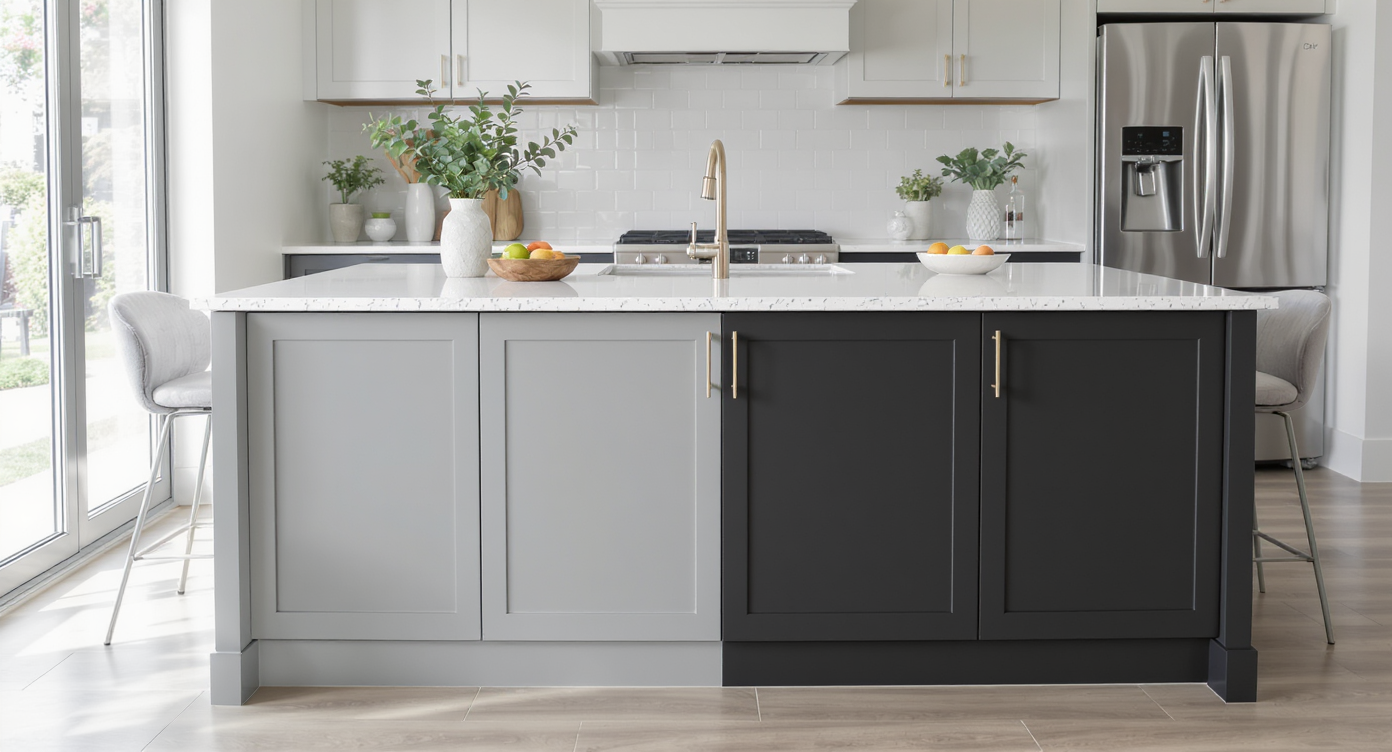 A kitchen island with contrasting light gray and charcoal colors, topped with a white quartz countertop and surrounded by bar stools.