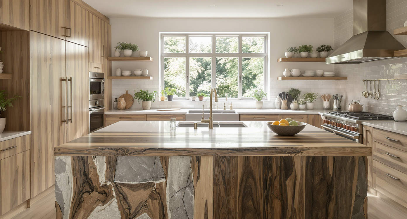 A modern kitchen with a central island made of reclaimed wood and stone, illuminated by natural light through a window.
