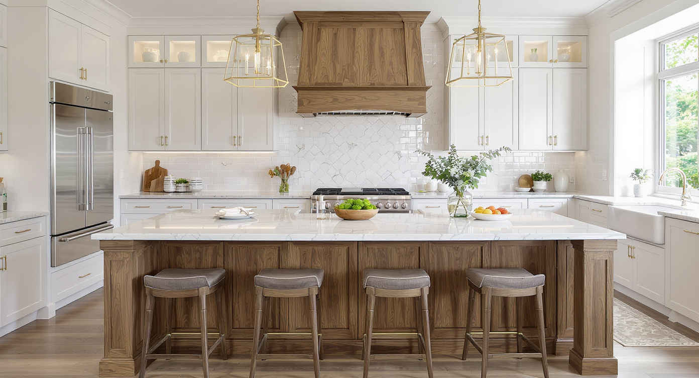 A stylish kitchen island made of wood and marble in a bright contemporary kitchen, featuring modern bar stools and pendant lights.