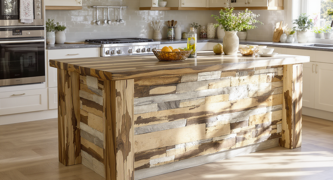 A sturdy kitchen island made of stone and reclaimed wood set in a bright kitchen with sunlight highlighting its textures.