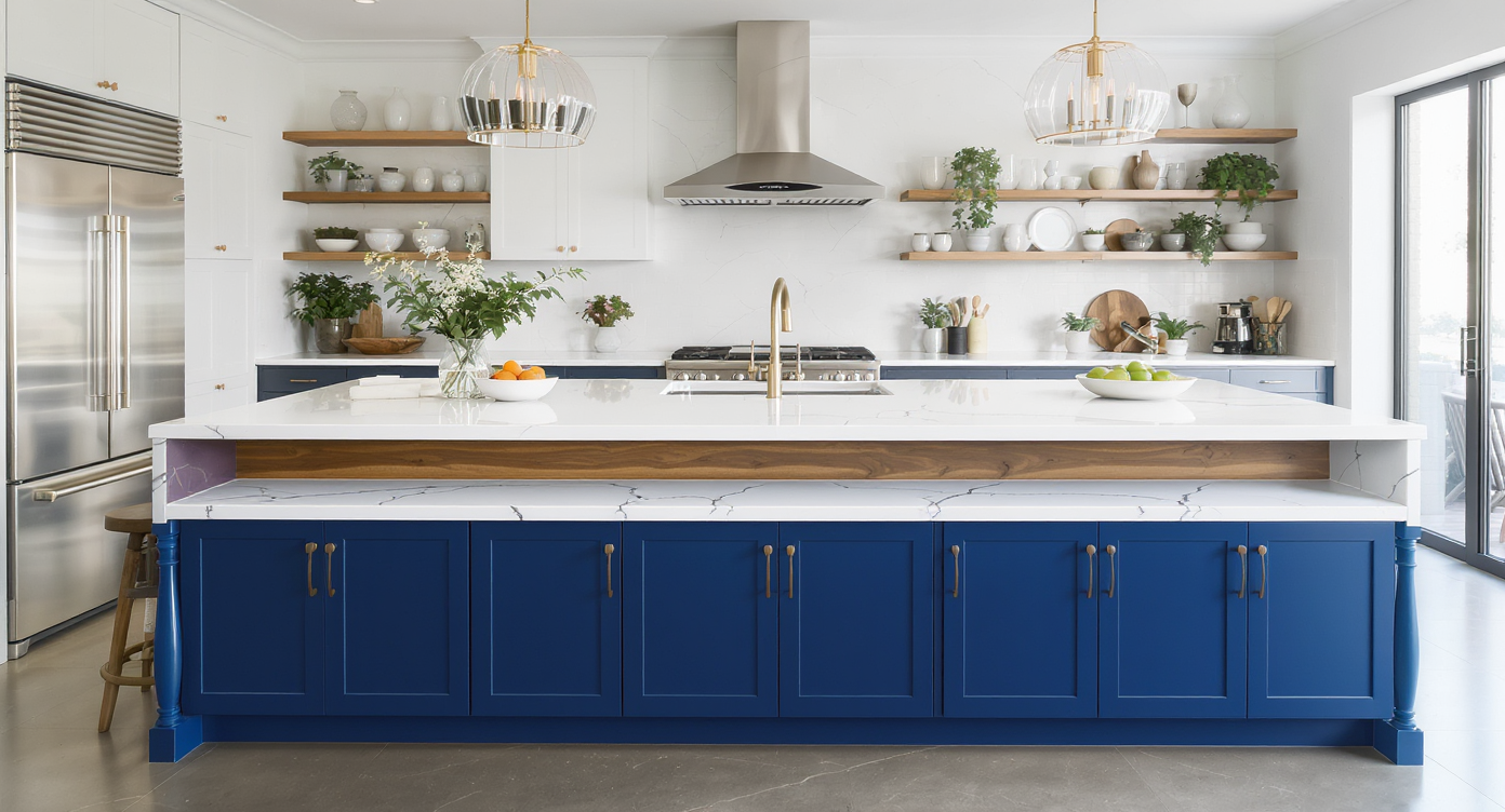 A multi-level kitchen island with a lower prep zone and an upper dining area in a well-lit kitchen featuring contrasting colors.