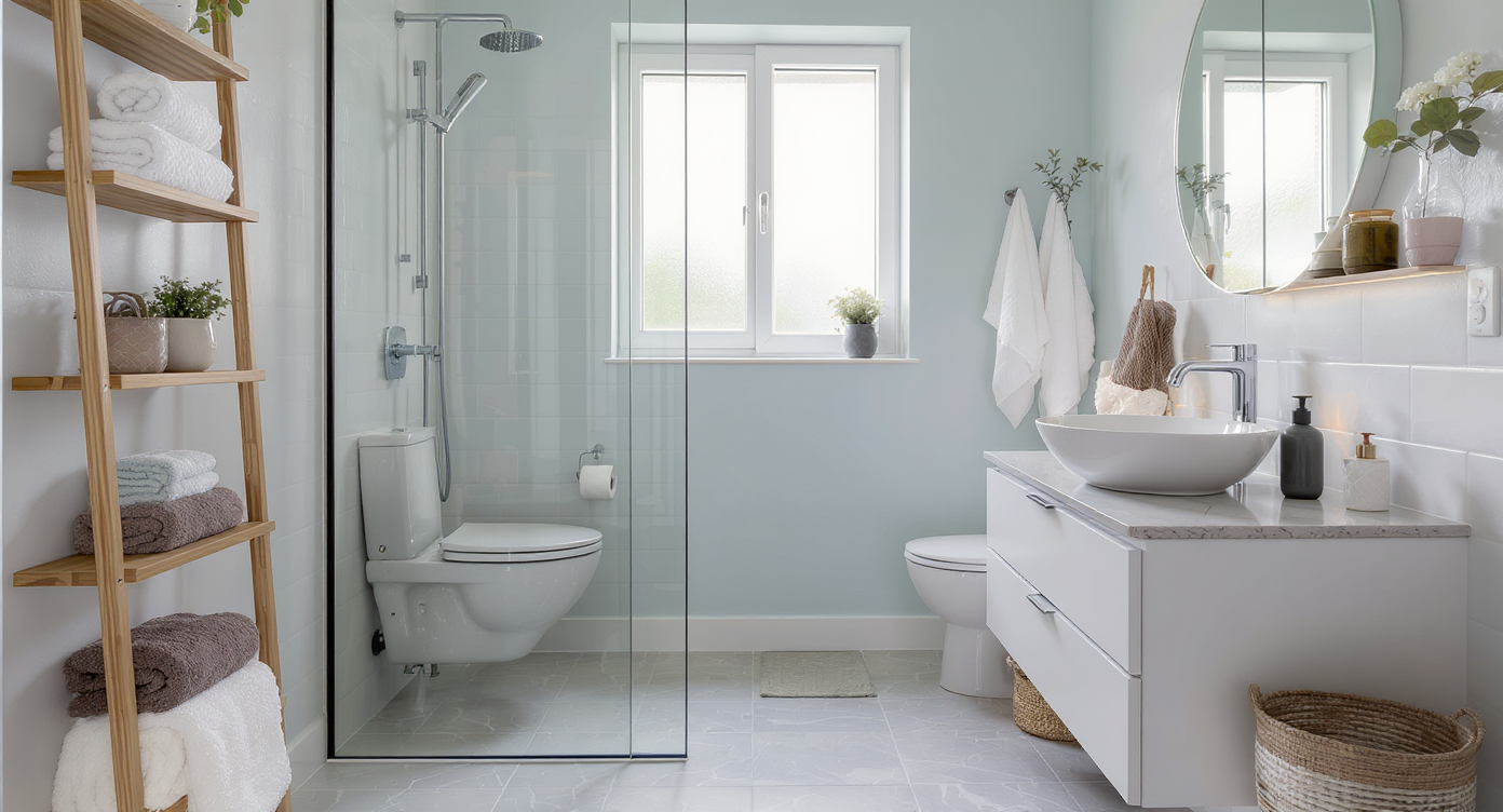 A small bathroom with pale blue walls, grey tiled floor, glass shower panel, floating vanity, and open shelving, well-lit and airy.