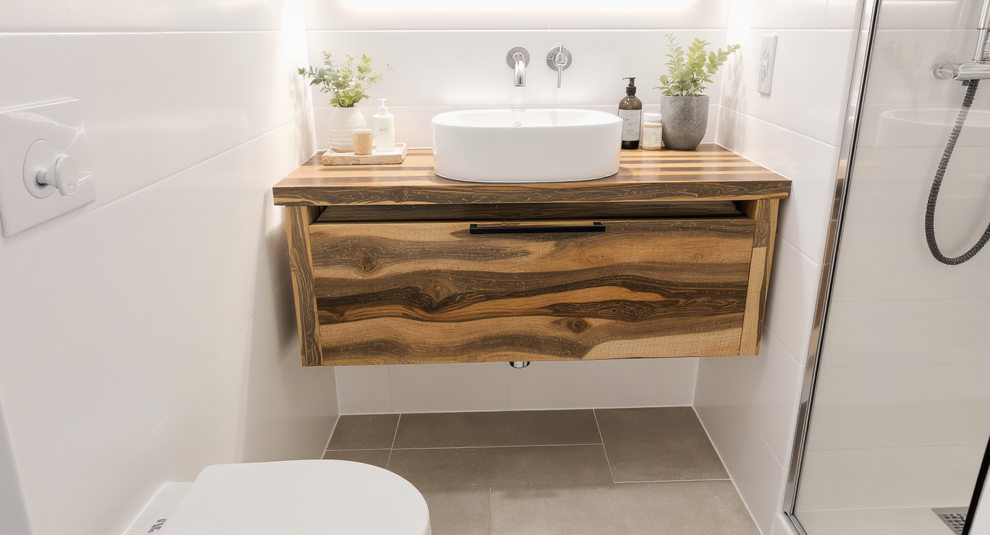 Modern floating vanity in a small bathroom made of reclaimed wood, enhancing space and style with soft lighting.