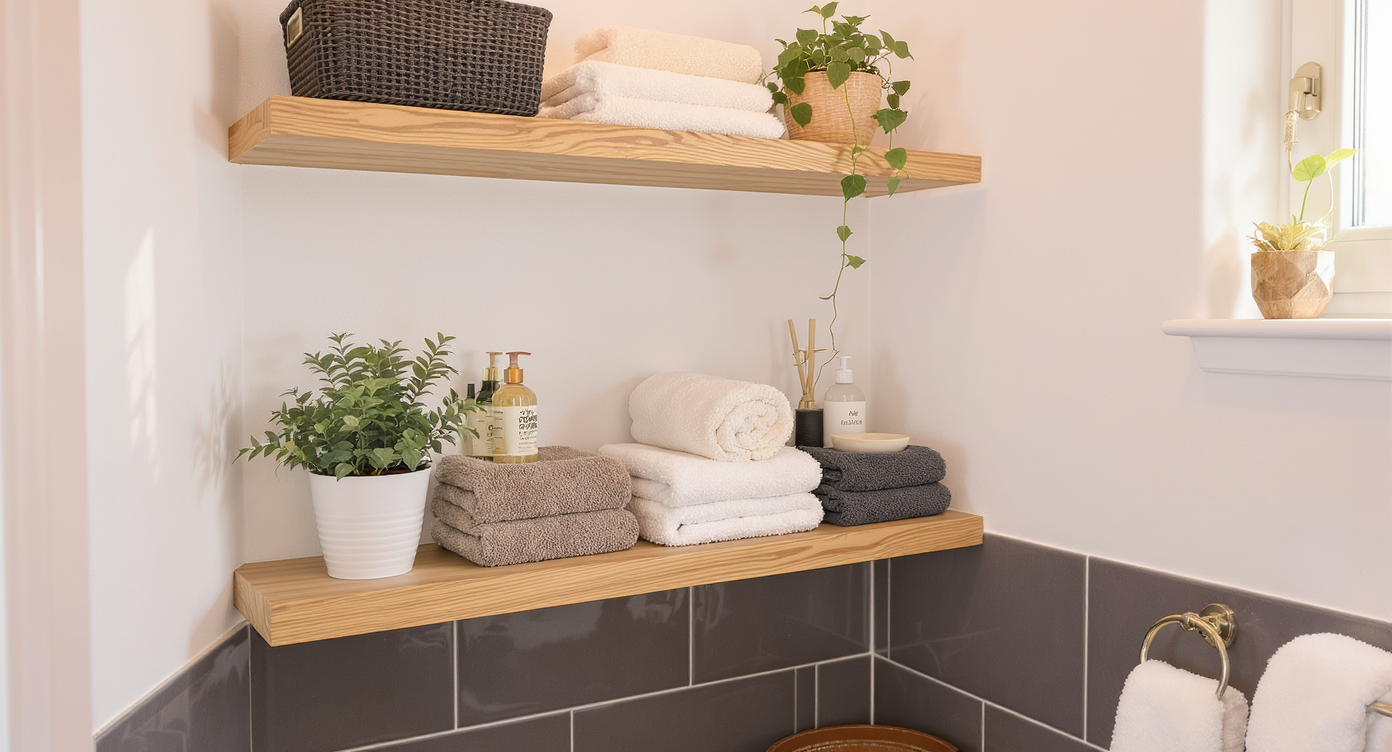 Small bathroom with open shelving displaying towels and plants, promoting a clean and organized space.