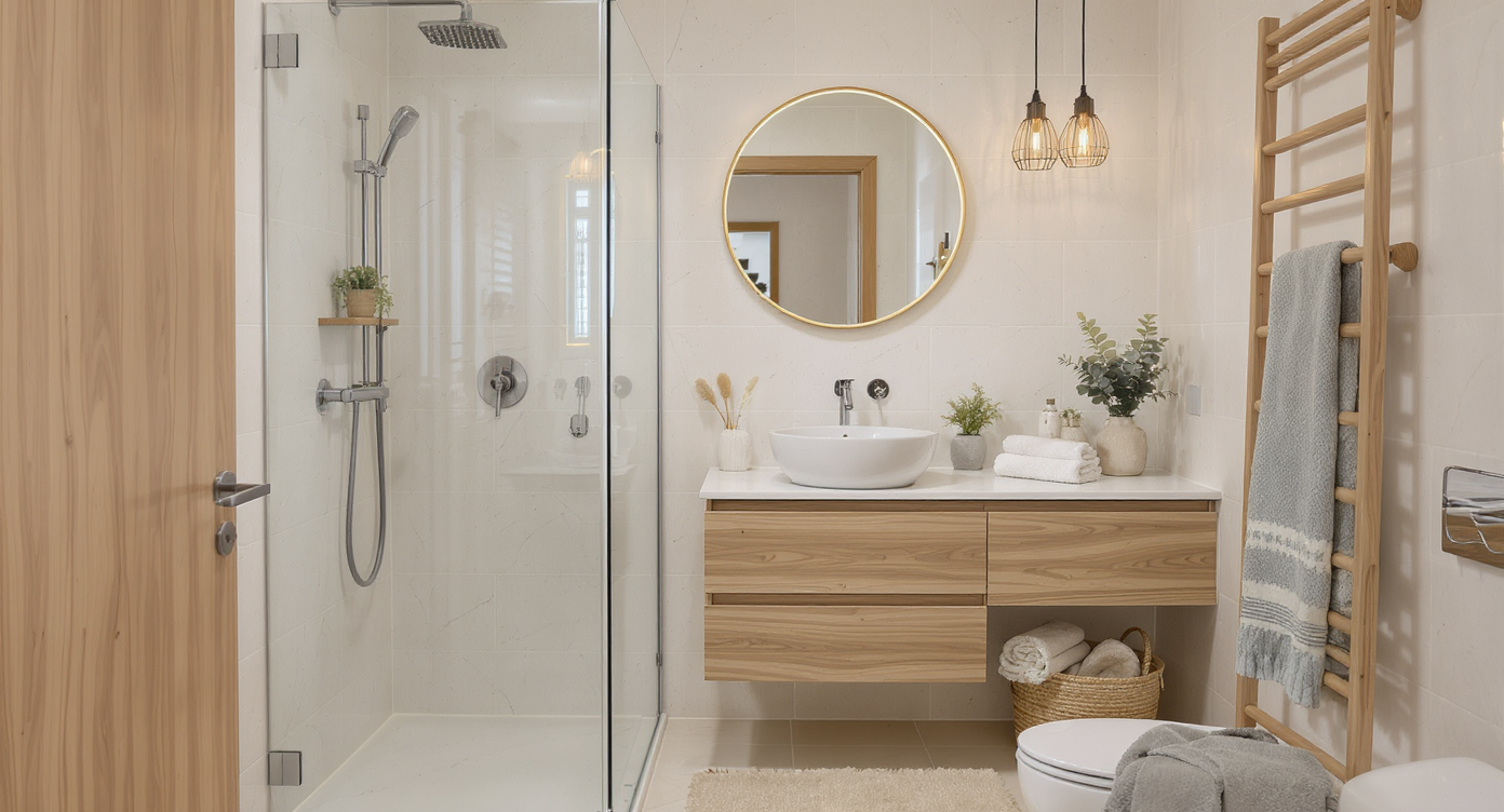 Compact bathroom featuring a glass shower, floating wood vanity, and soft lighting, conveying a modern design approach.