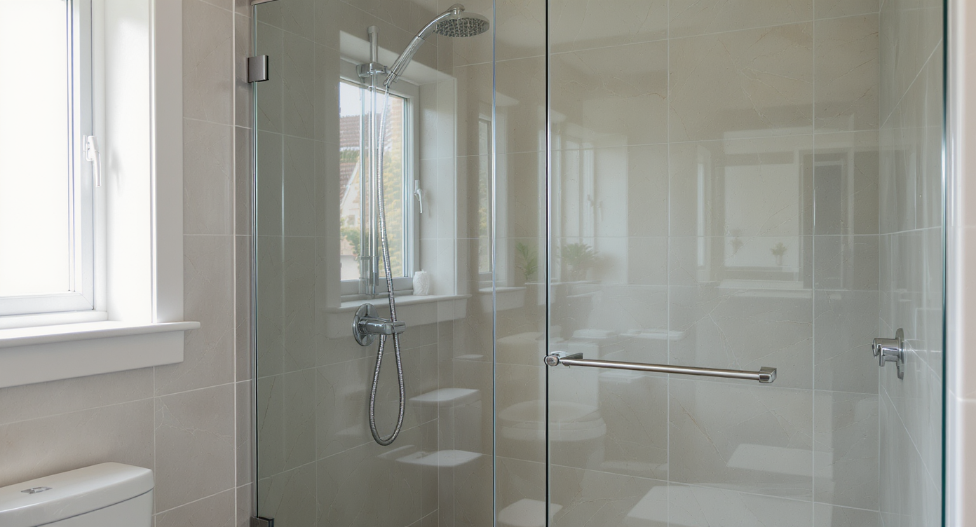 Chic bathroom with a clear glass shower panel and neutral tiles, promoting an open and spacious feel.