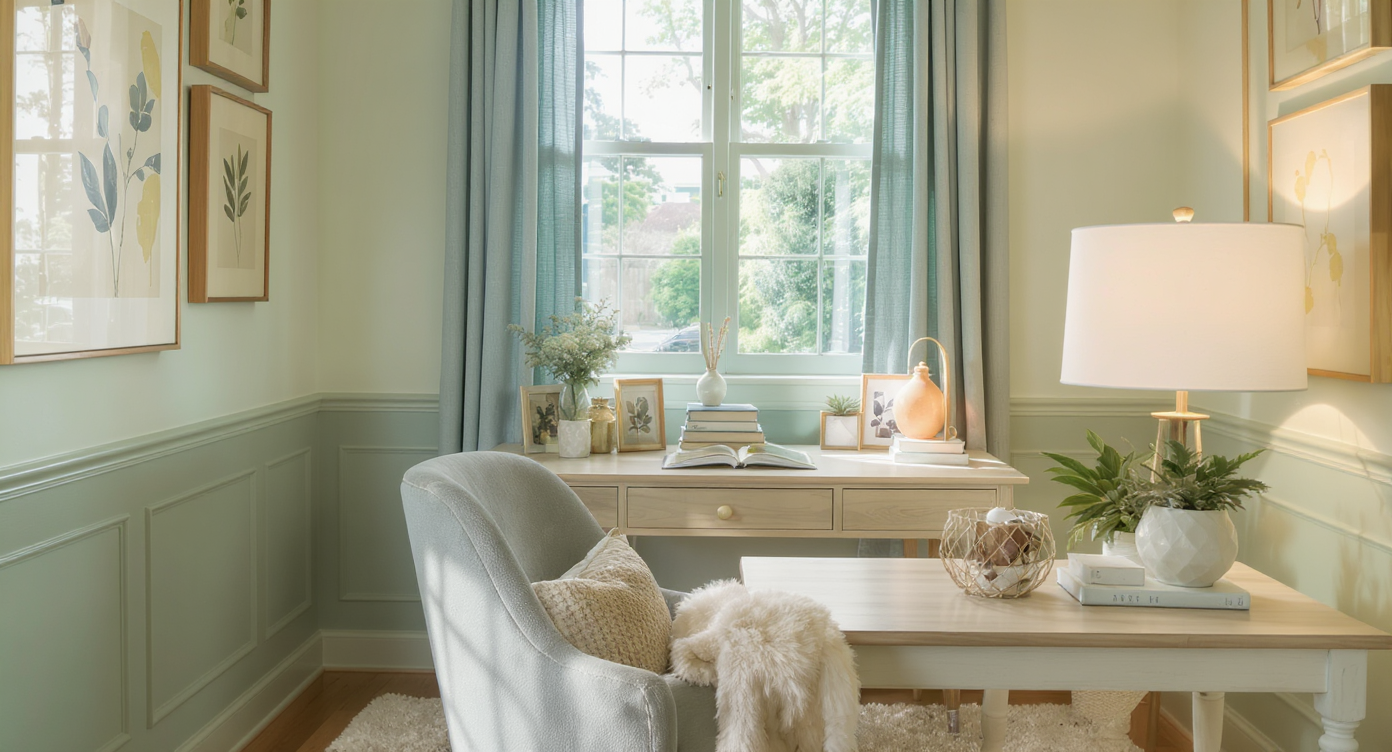 An elegant study area with a desk, chair, and warm lighting, set in soothing colors for a productive atmosphere.