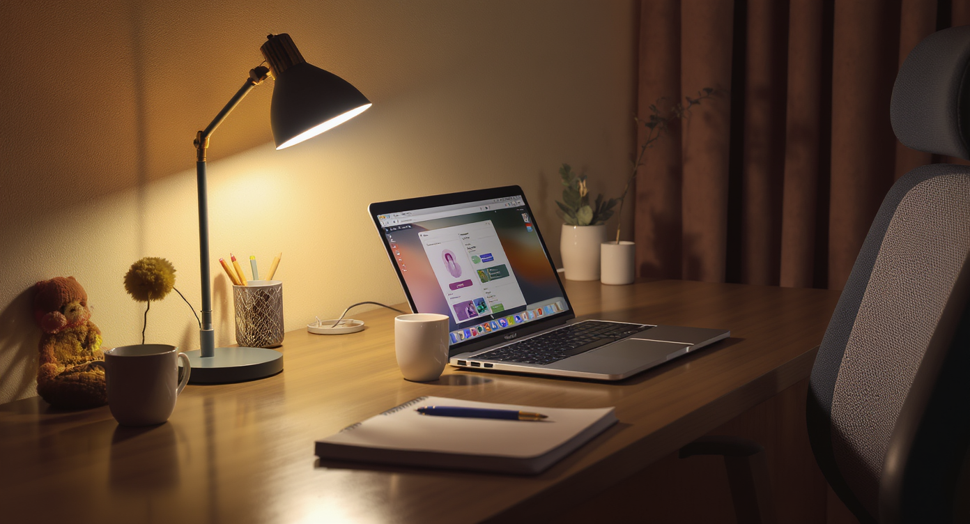 A stylish study desk with smart lighting featuring different colors, a laptop, and an ergonomic chair for productivity.