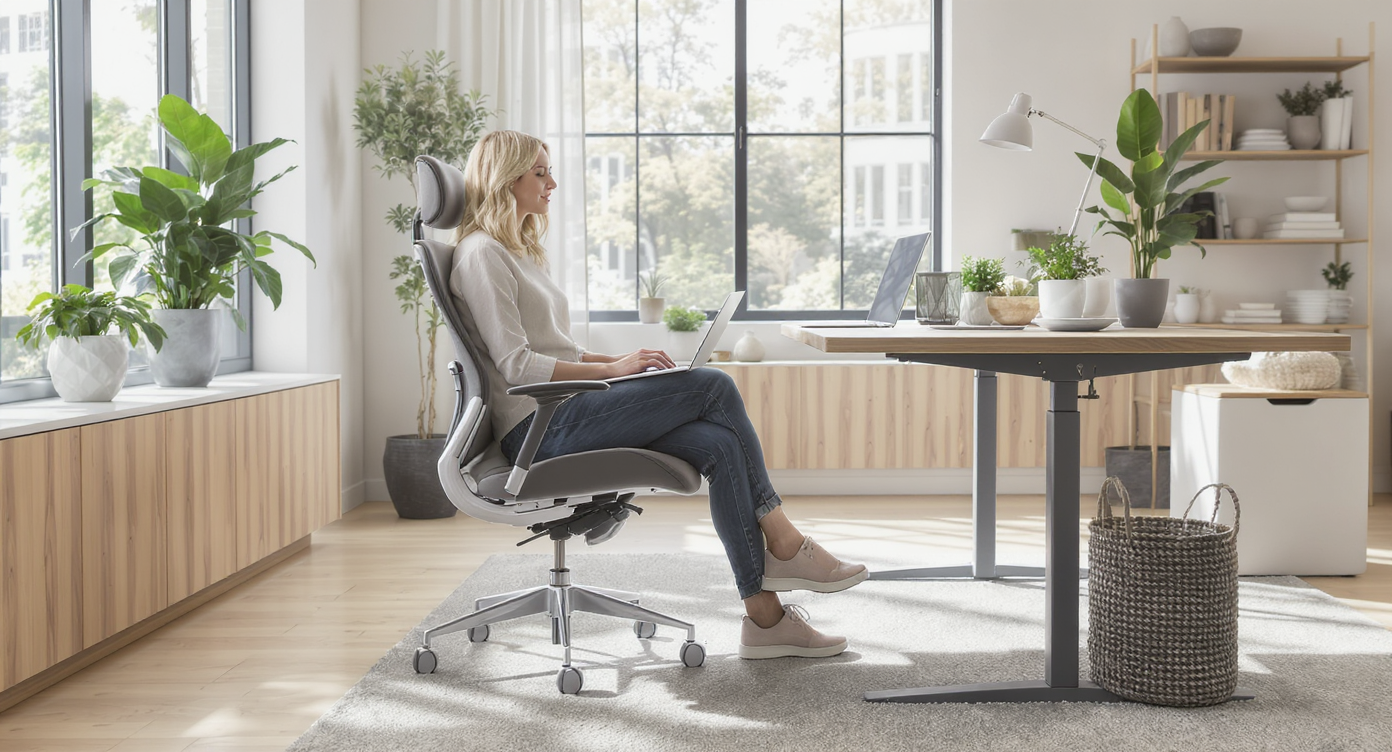 A comfortable ergonomic workspace with a person using a laptop at a desk with natural light and greenery.