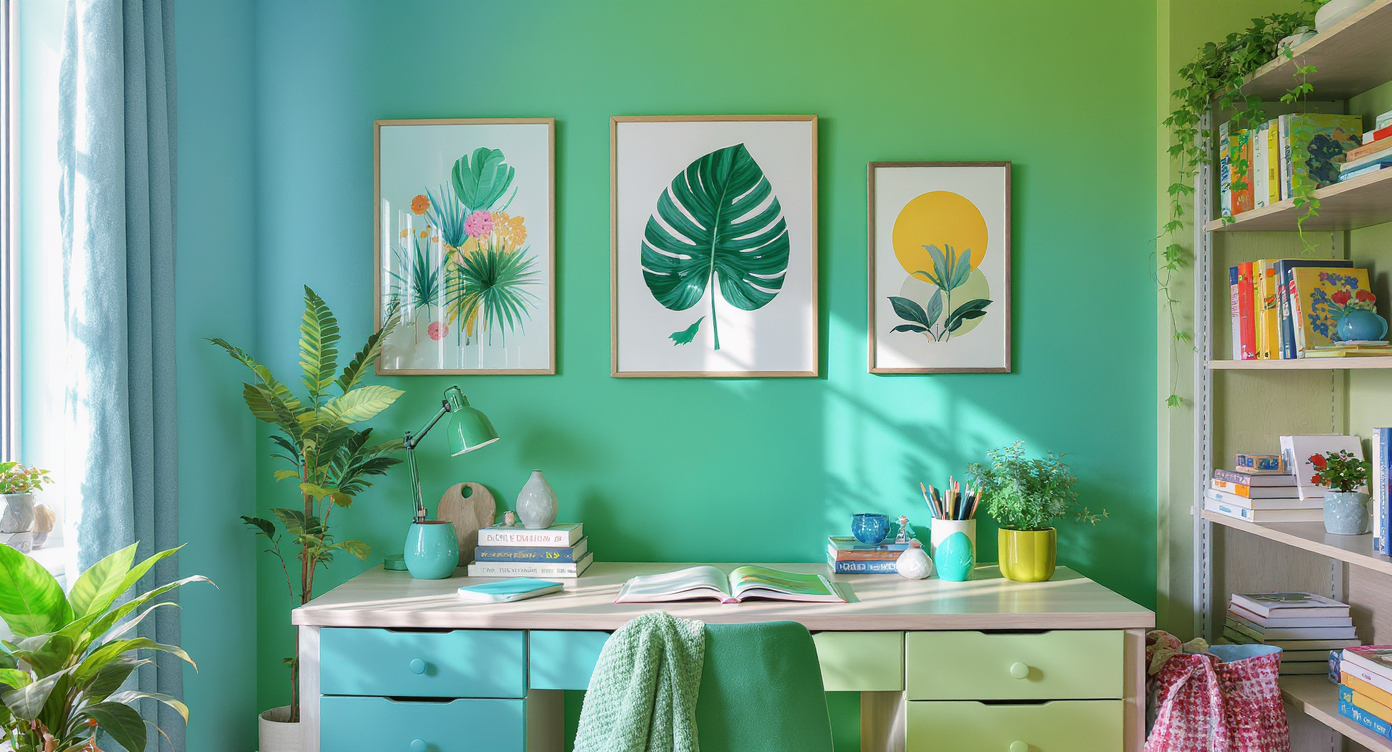A study room with calming blue and green walls, colorful artwork, and plants, creating a soothing atmosphere.