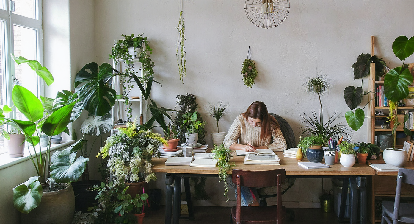 A study area filled with greenery, with indoor plants enhancing the space and creating a calm study environment.