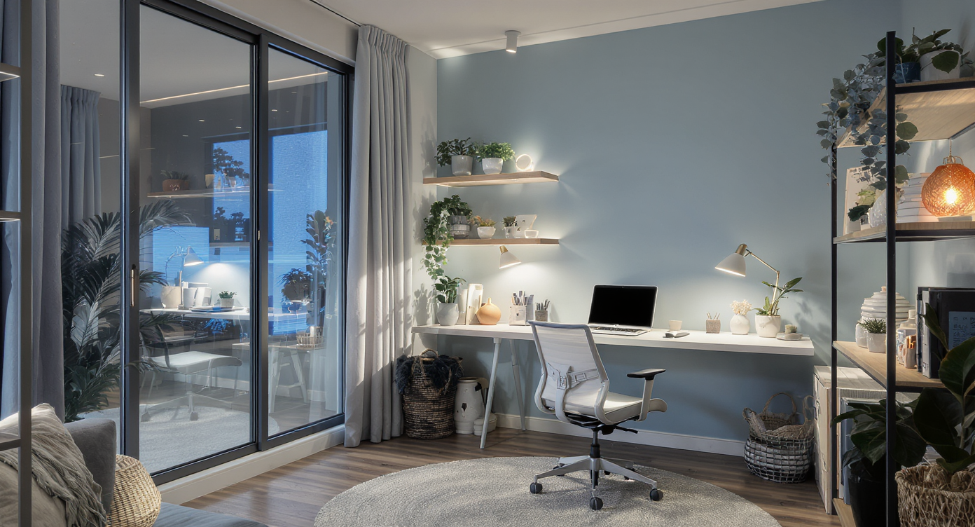 A modern study room with smart lighting, blue walls, a desk, ergonomic chair, and plants, designed for productivity.