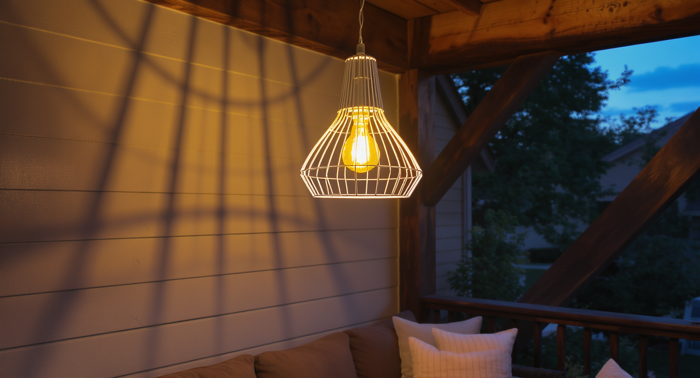 A statement pendant light above cushioned seating on a modern porch at dusk.