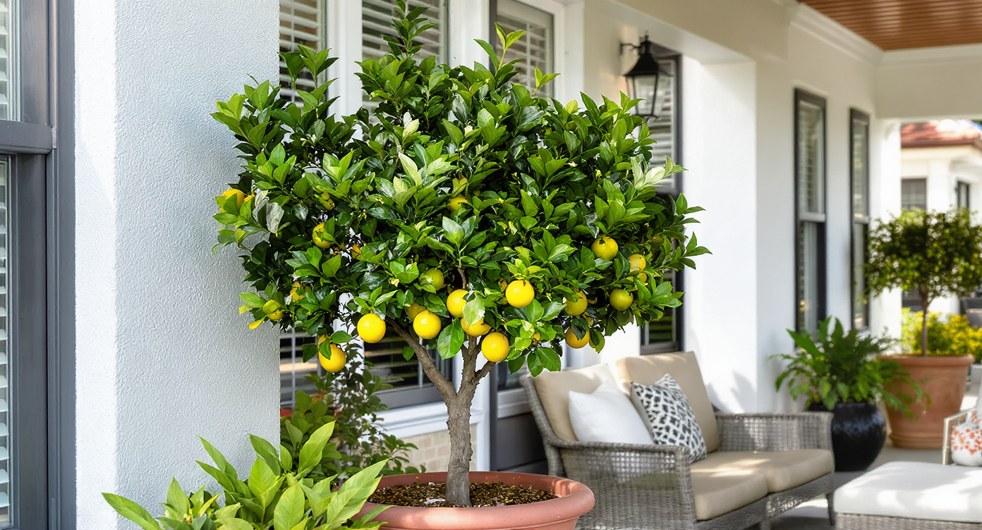 Potted citrus tree adds freshness to a stylish porch with contemporary seating.