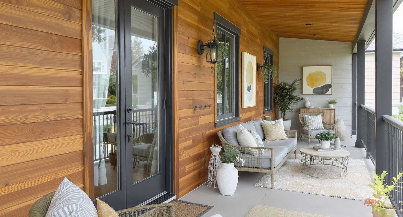 Natural wood cladding on modern porch walls complemented by sleek furniture and decor.
