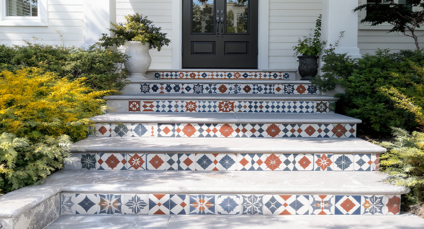 Modern patterned tiles on steps leading to a stylish front door surrounded by greenery.