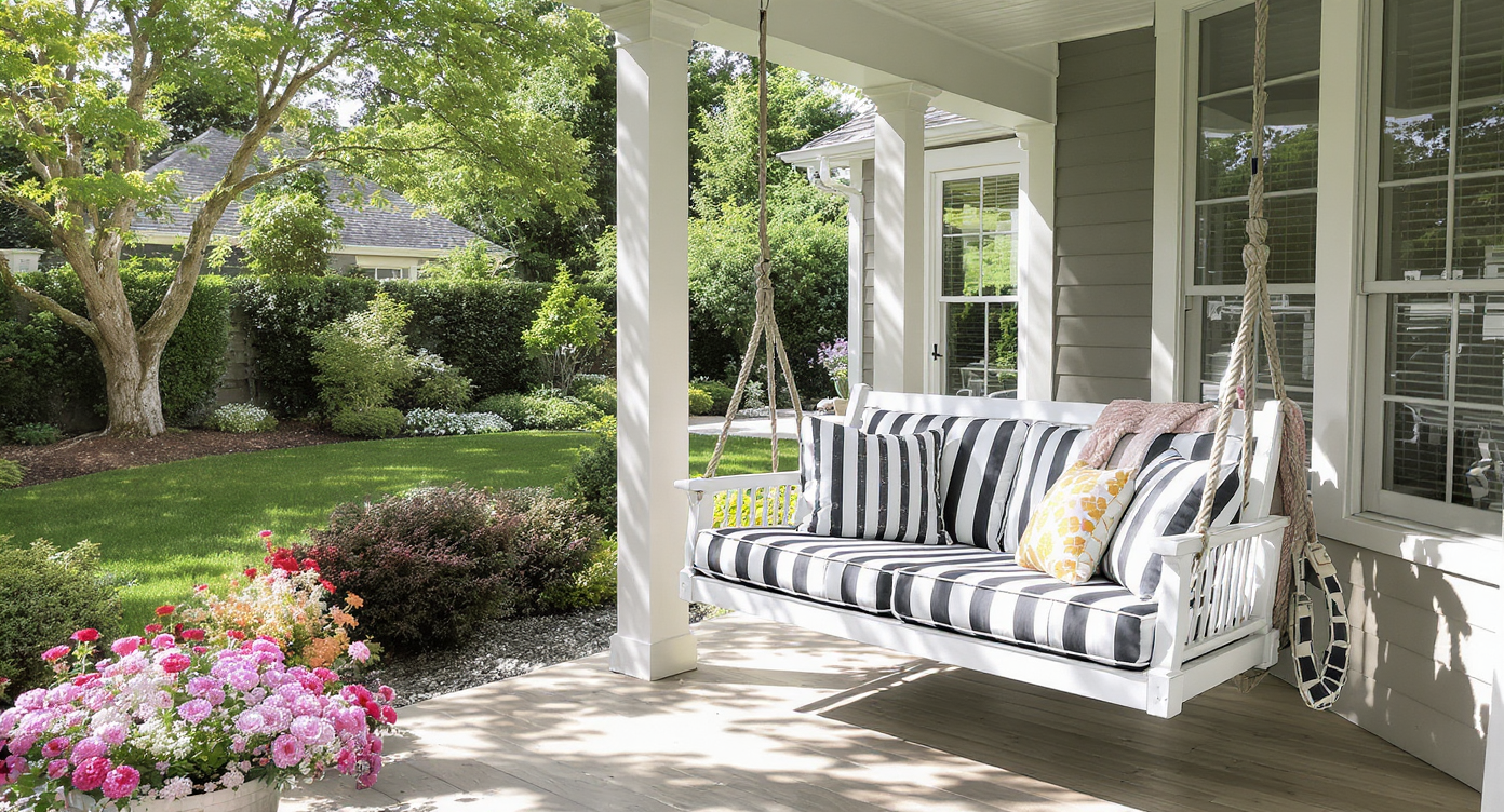 Dramatic black-and-white porch swing with colorful cushions on a modern porch.
