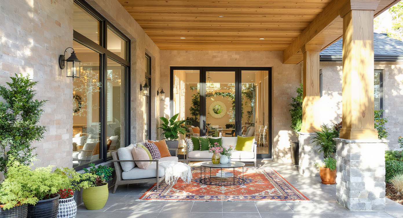Modern front porch with glass panels, sleek furniture, and vibrant rug under warm sunlight.