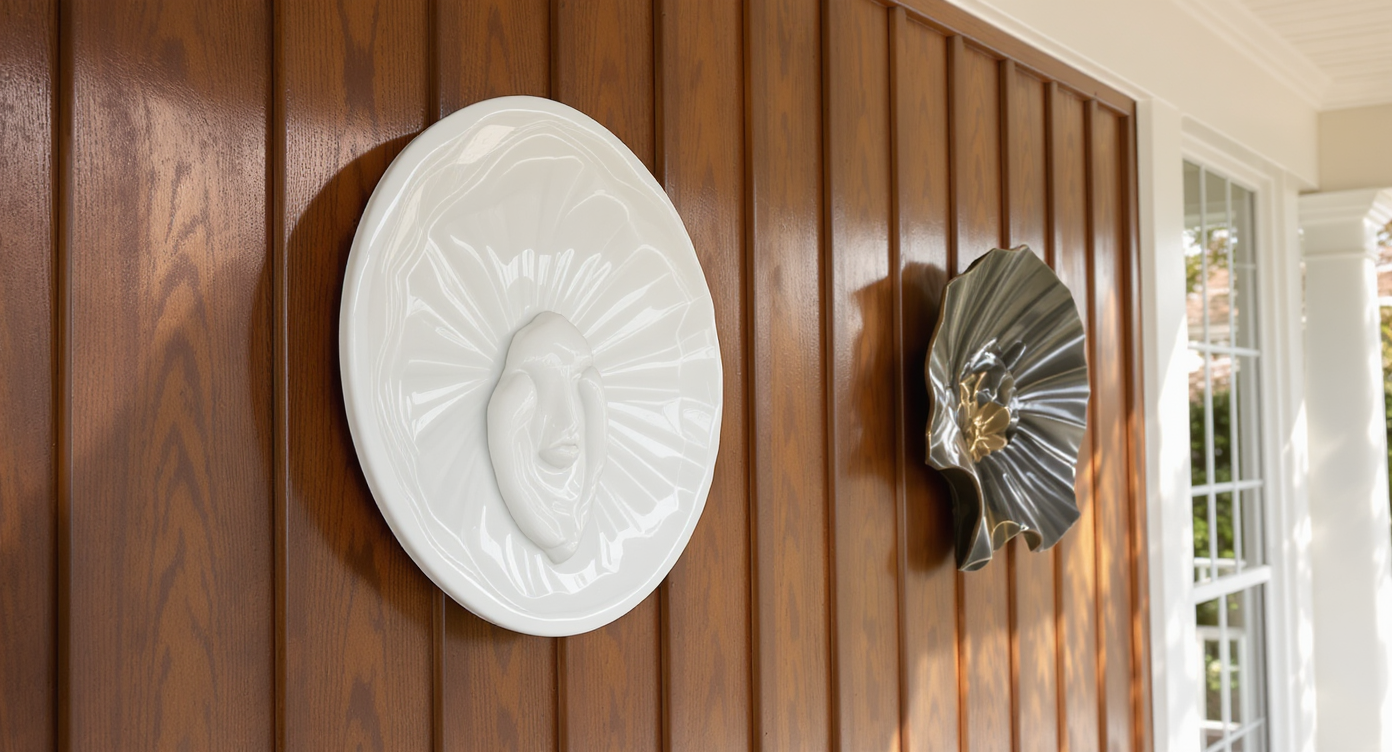Porcelain art hanging on a polished wooden wall of a modern porch with natural light.