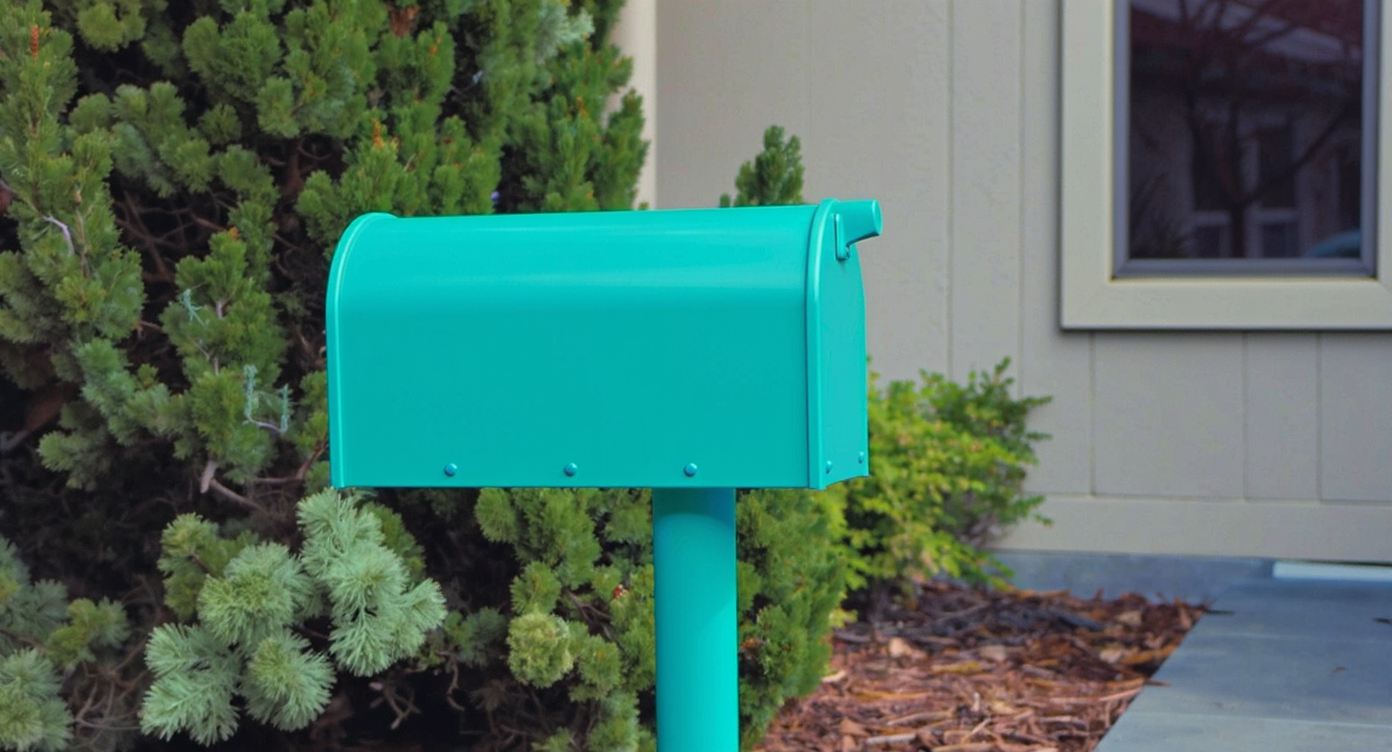 Bright turquoise mailbox contrasting with the muted colors of a contemporary home.