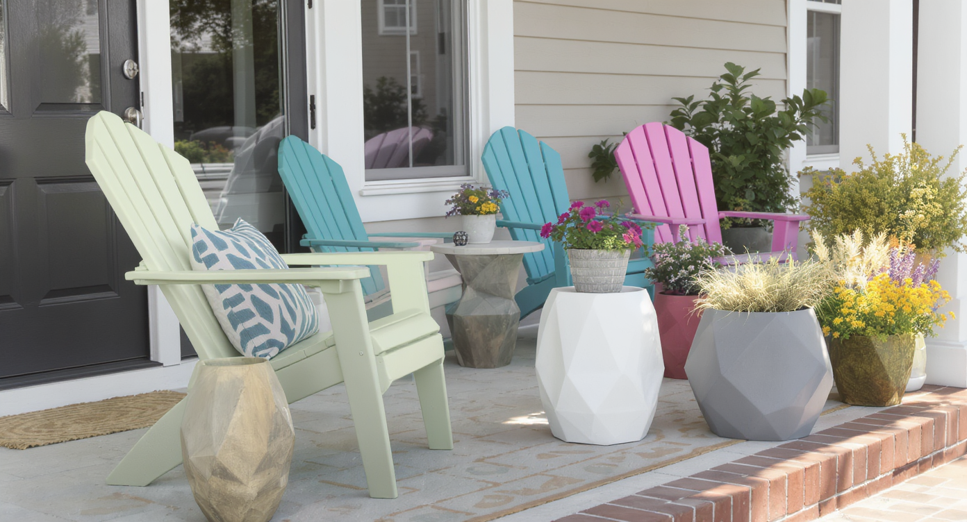 Modern accents in bright colors on a porch enhance the fresh and updated design aesthetic.
