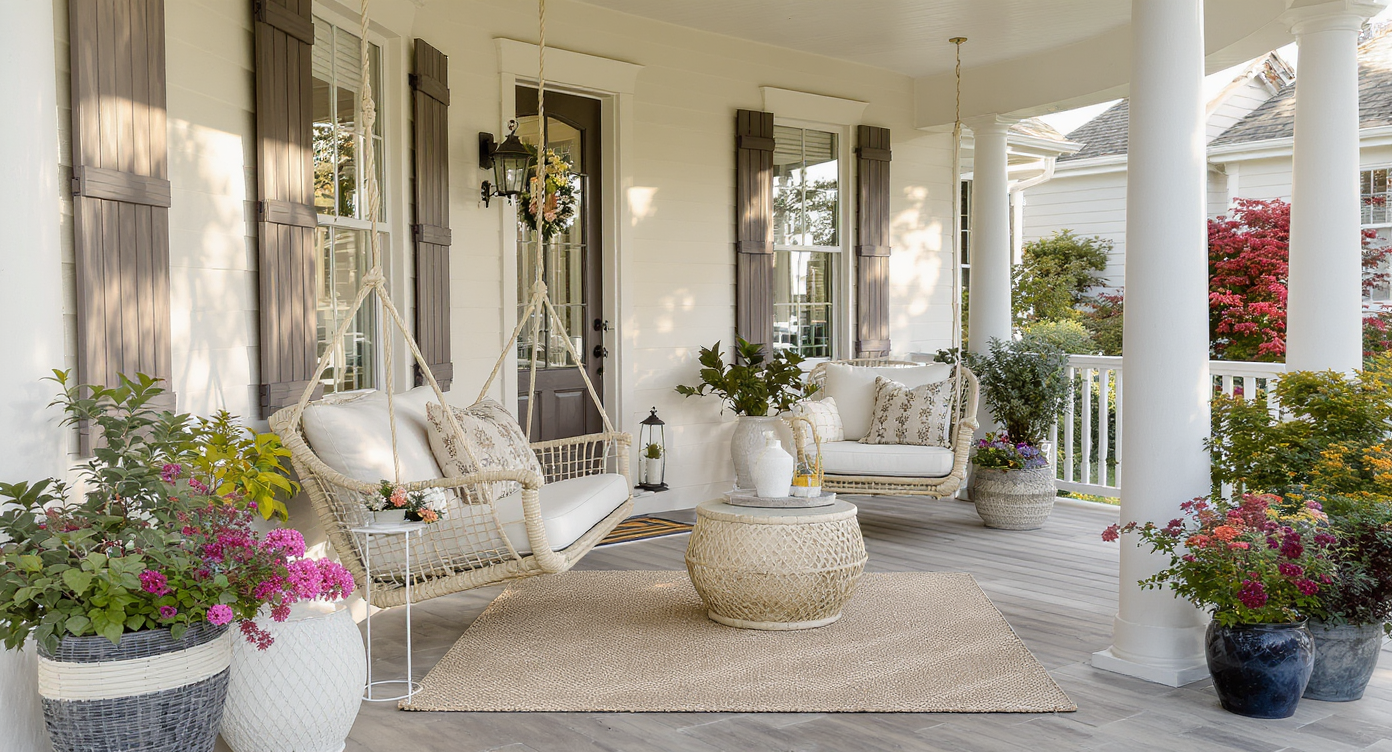 Cozy front porch with swing, minimalist furniture, and colorful plants under sunlight.