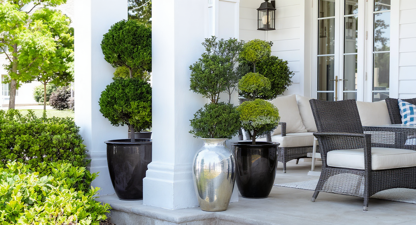 Classic topiaries paired with modern patio furniture on a stylish porch.