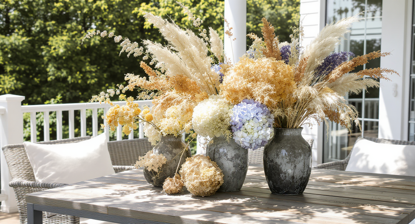 Vase with dried flowers on a modern porch table among contemporary furniture.