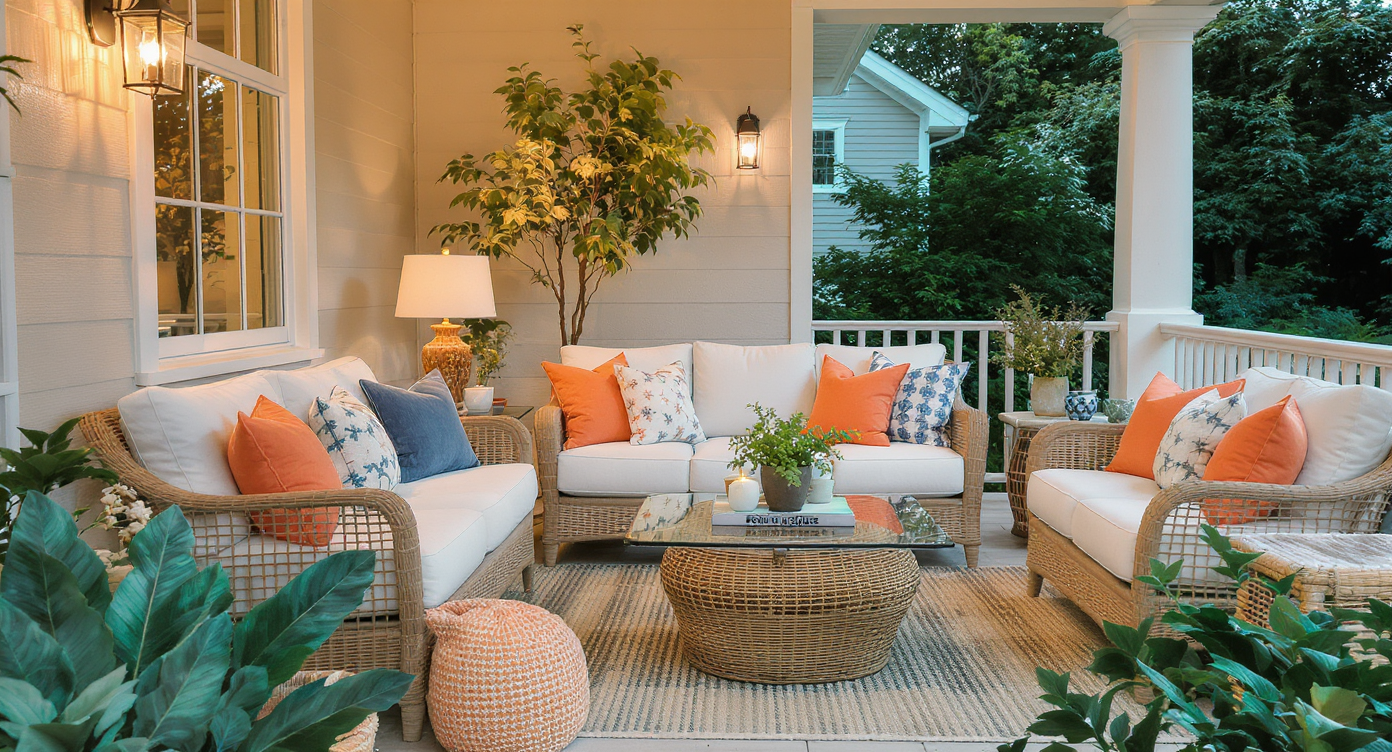 Cozy porch living room with plush sofas, colorful pillows, and a stylish coffee table.