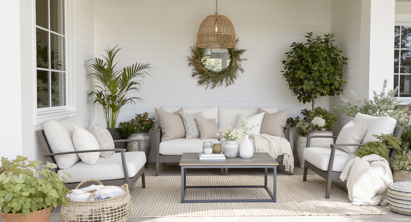 Neutral palette on a modern porch with elegant seating and various potted plants.