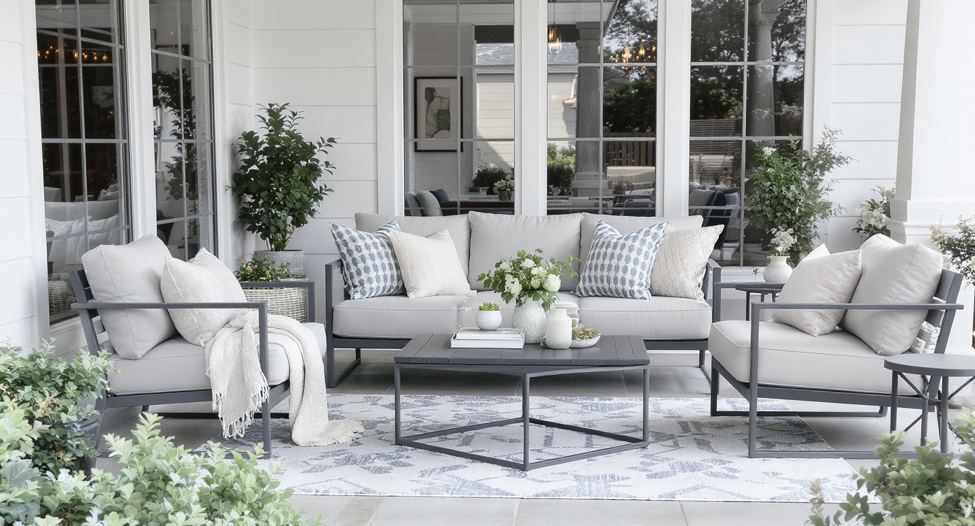 Sleek modern furniture including a low sofa and geometric table on a stylish porch.