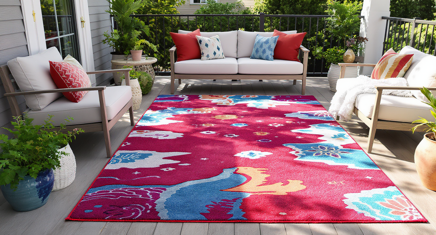 Colorful outdoor rug on a modern porch adorned with minimalist furniture and potted plants.