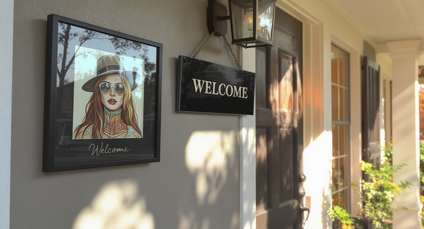 Mounted art and a welcome sign on modern porch walls enhance the space's charm.