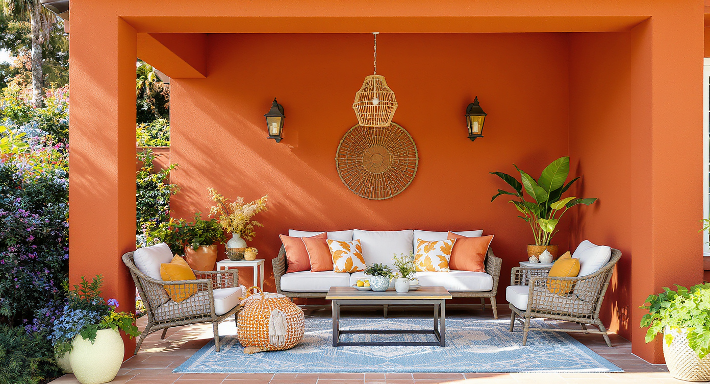 Bold terracotta porch facade with vibrant cushions and modern seating arrangement.