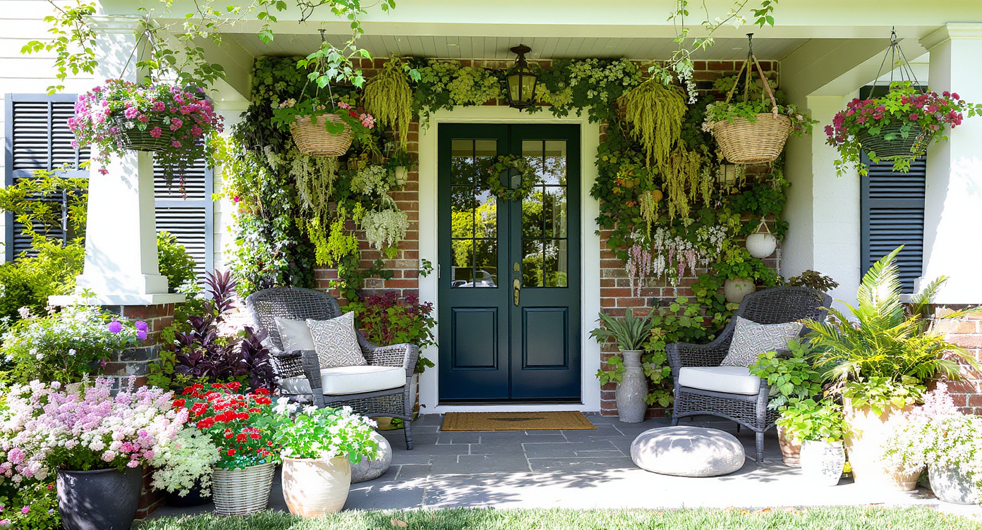 Creatively arranged plants at different heights on a modern porch enhance the outdoor space.