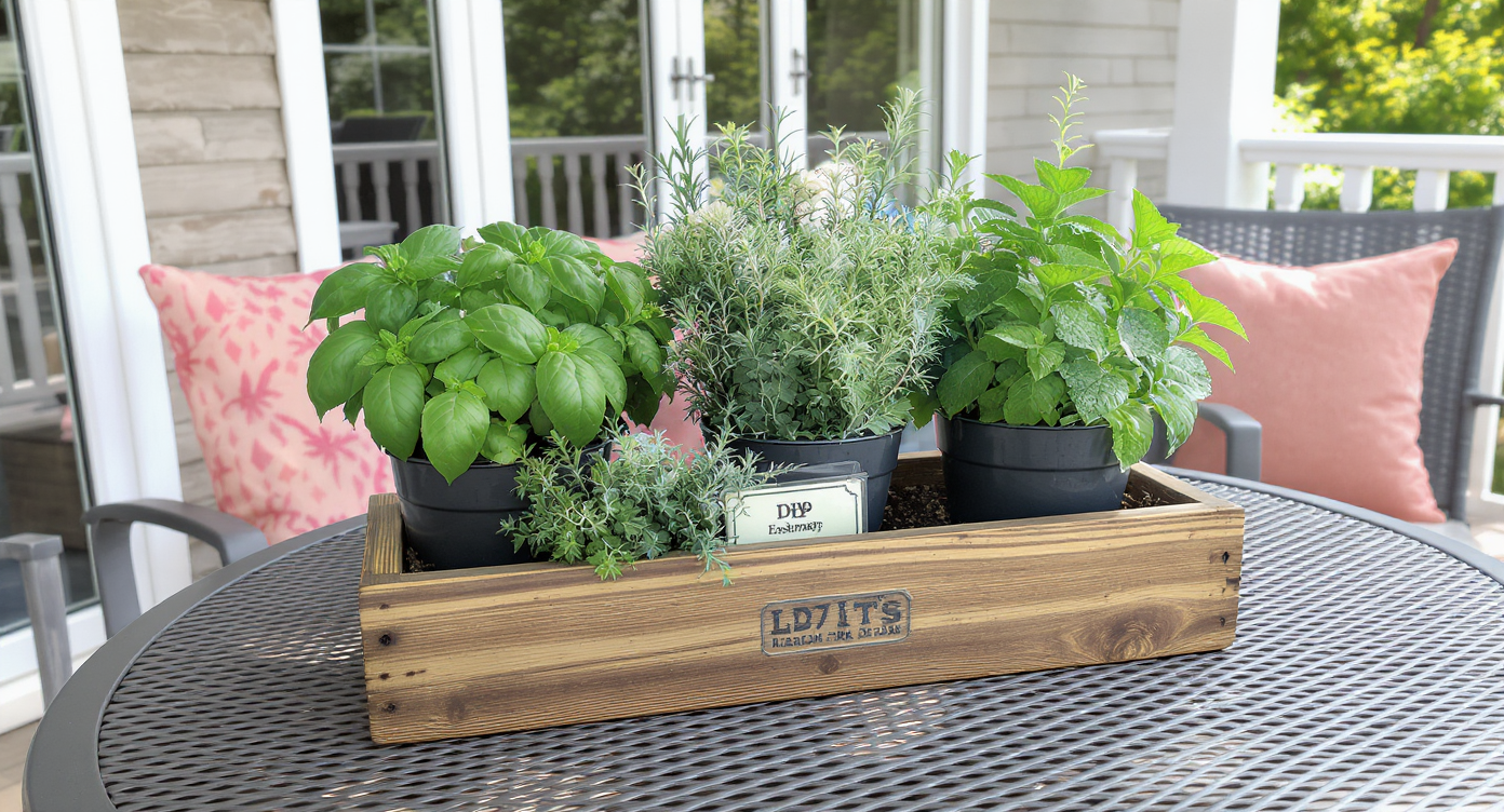 DIY herb garden with pots of basil, rosemary, and mint on a stylish porch table.