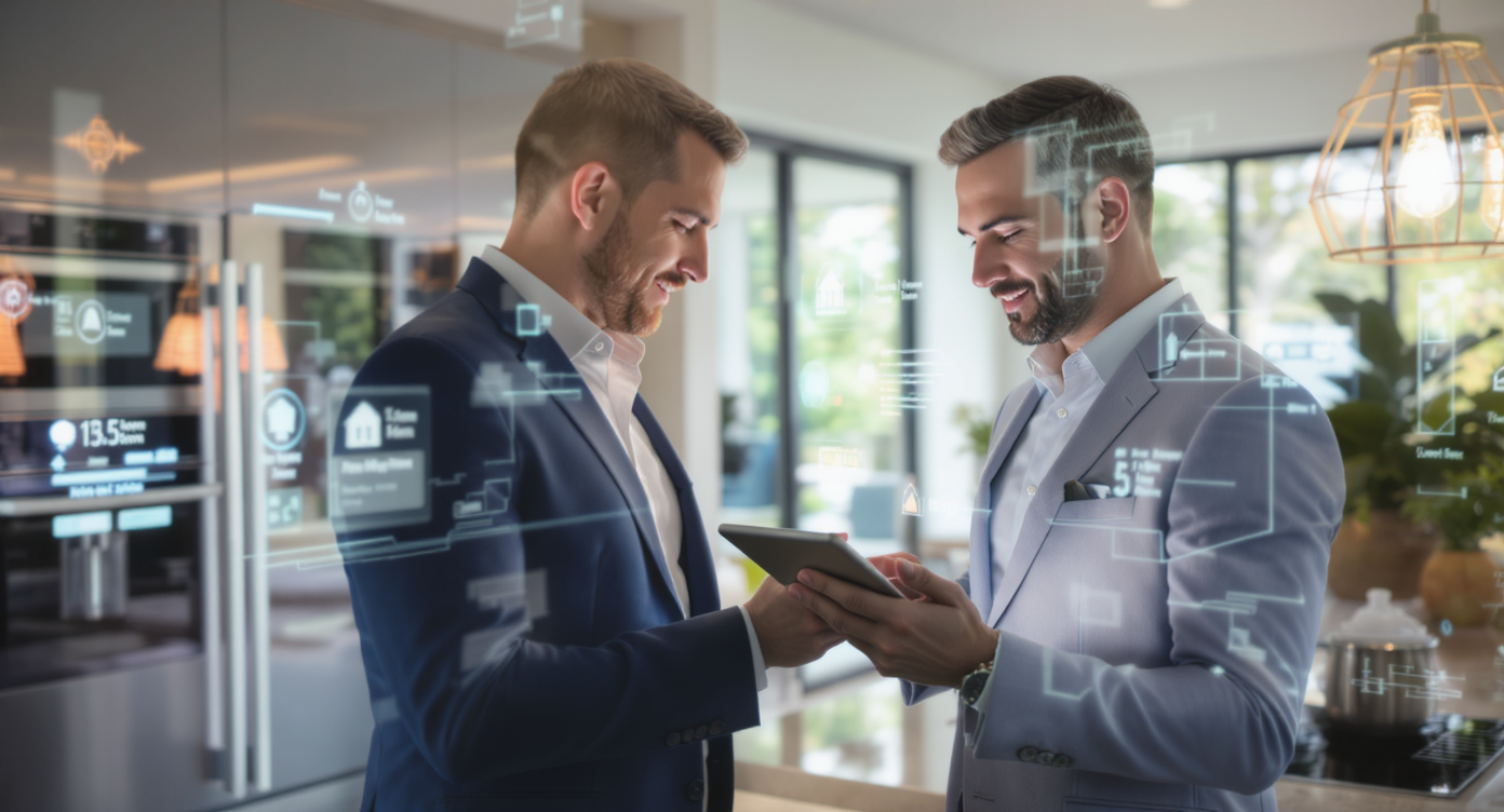 Real estate agent using a tablet in a smart home, highlighting technology integration in property sales.