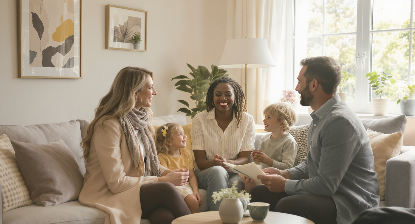 Real estate agent and family conversing in a cozy living room, emphasizing relationship building in sales.