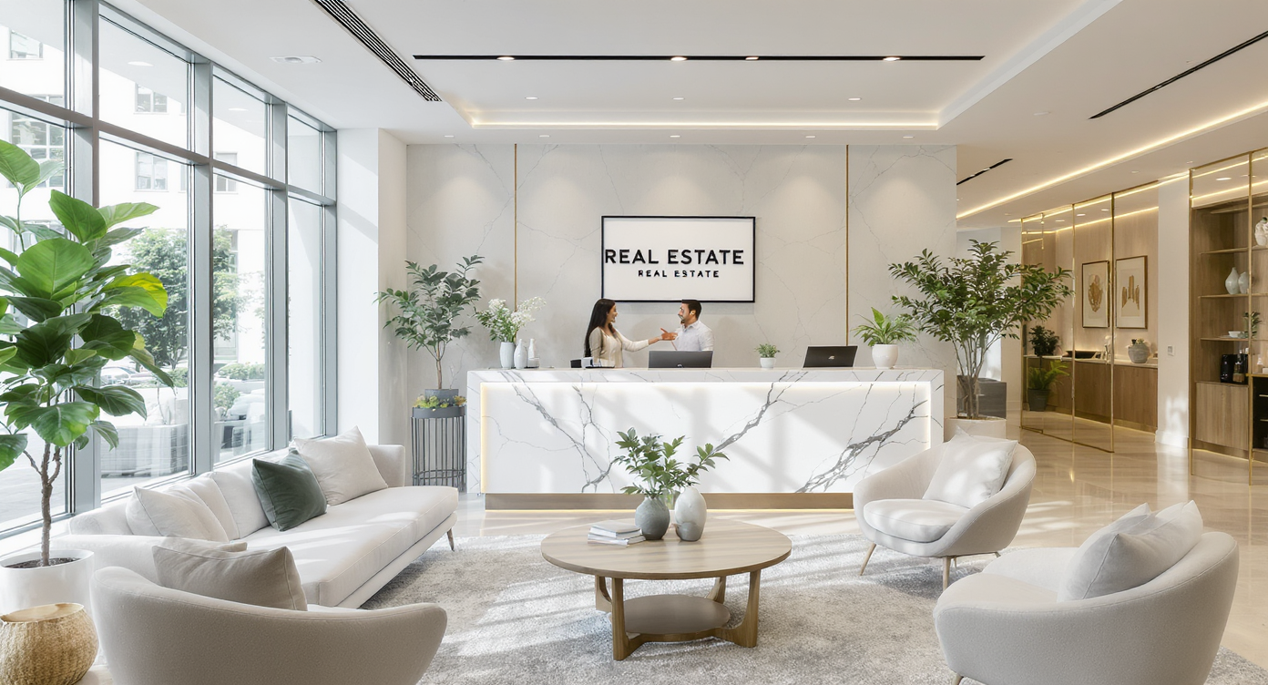 Interior view of a modern real estate office with bright decor and an agent interacting with a client.