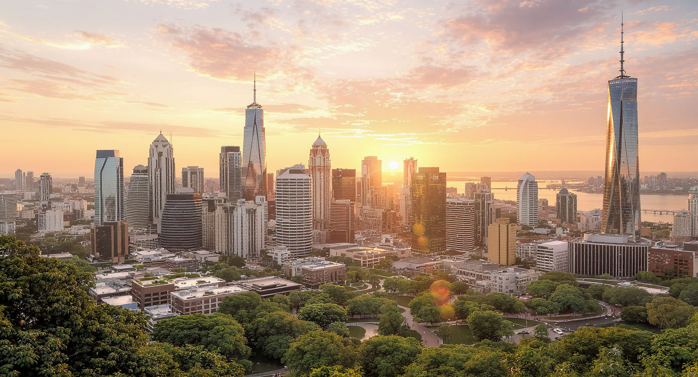 Panoramic view of a modern city skyline at sunset, highlighting diverse architecture and community spaces.