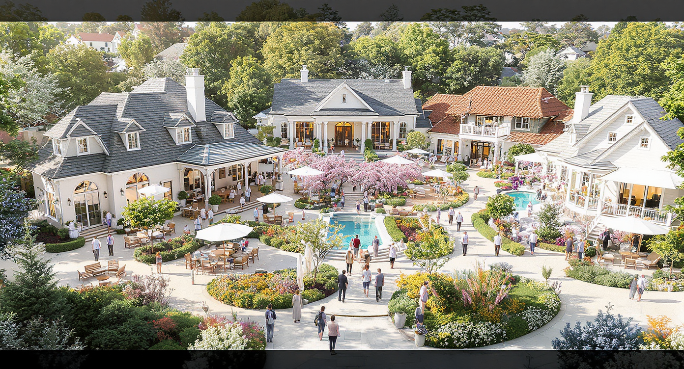 Real estate open house event with various property styles, lush landscaping, and visitors exploring options.