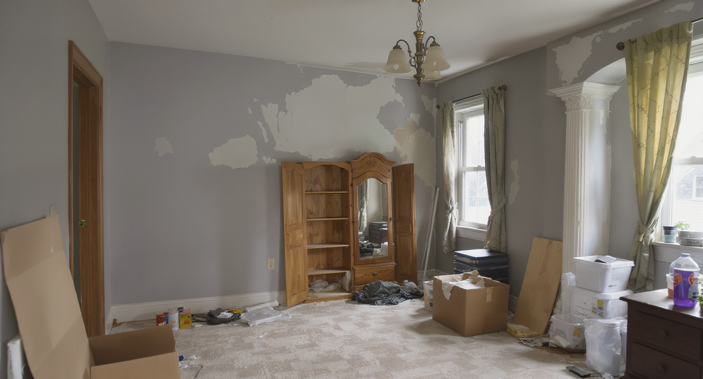 A room in need of repairs showcasing peeling paint and outdated fixtures, emphasizing property condition issues.