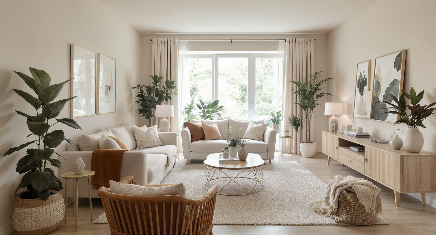 A well-decorated open concept living room with neutral tones, wooden accents, and abundant natural light.