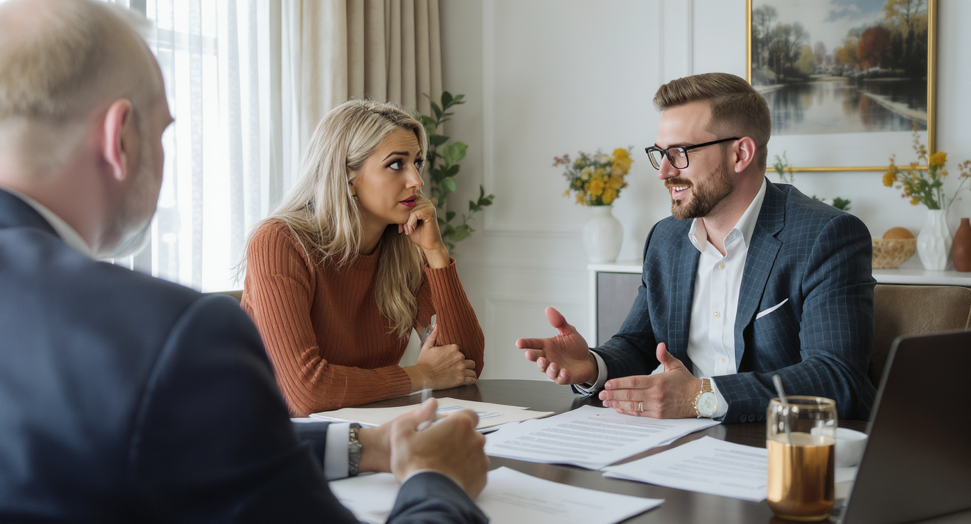 A realtor communicating with a homeowner in a modern setting, highlighting the need for clear exchange.