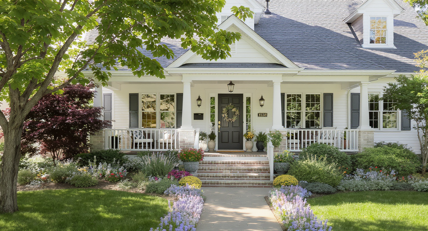 A charming home exterior with a flower-lined path and welcoming porch, illustrating great curb appeal.