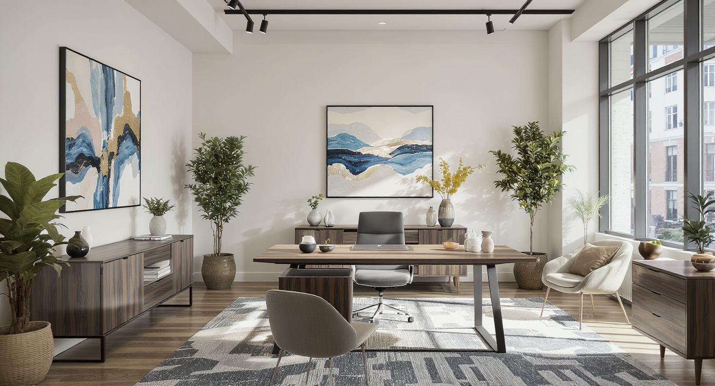 A modern mortgage broker's office with large windows, natural light, sleek wooden desks, and minimalist decor.