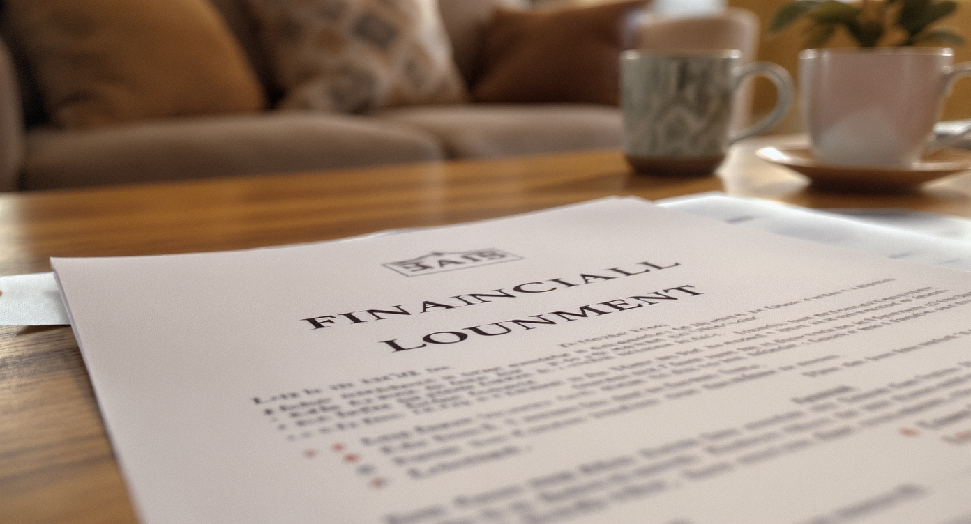 A wooden table with financial documents in a cozy living room setting, with a sofa and decorative items in the background.