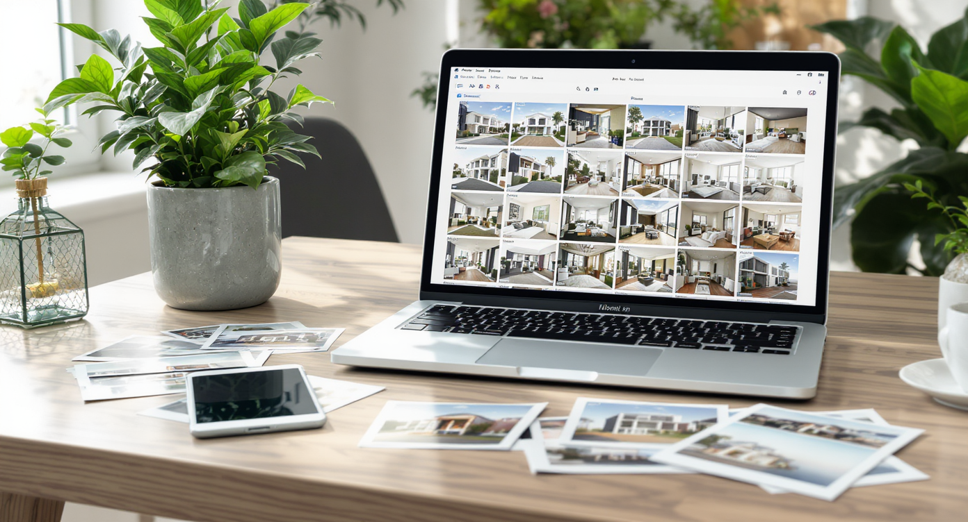 A digital archive with original and edited real estate photos displayed on a laptop and prints on a table.