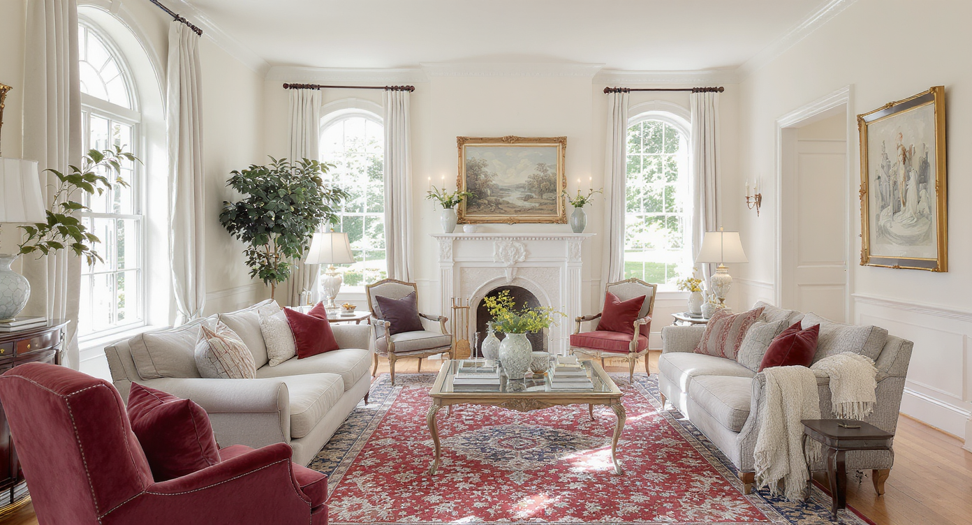 A well-staged living room showcasing compliance by avoiding major structural edits.